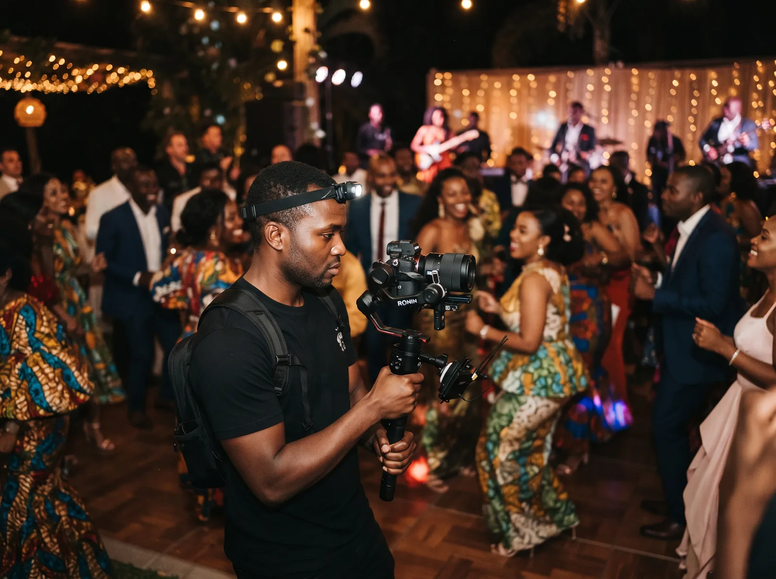 Bastidores de filme de casamento com câmara e equipa — Luanda, Angola